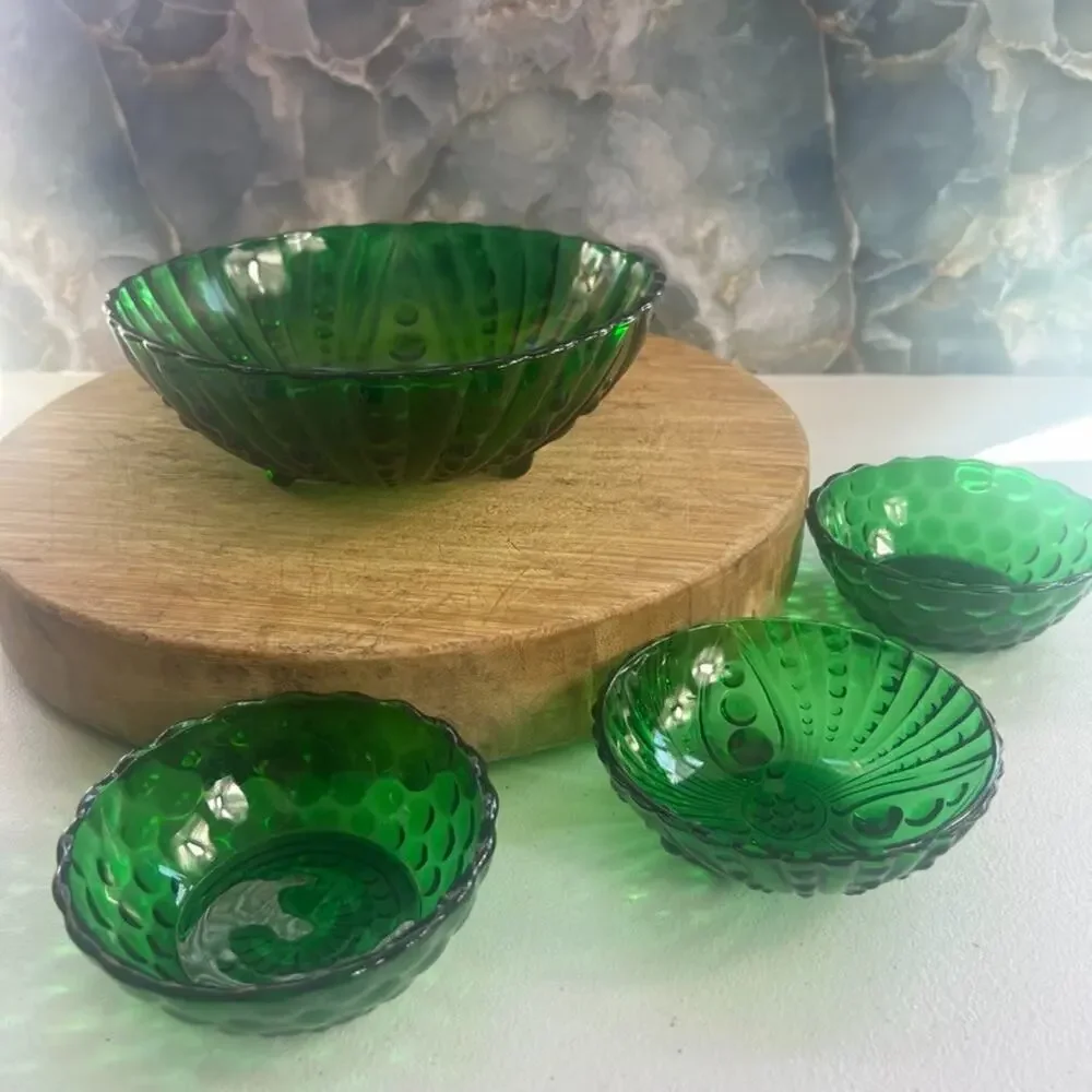 Vintage Anchor Hocking Bowl Set of 4 Forest Green Burple Salad Snack Chip Bowl